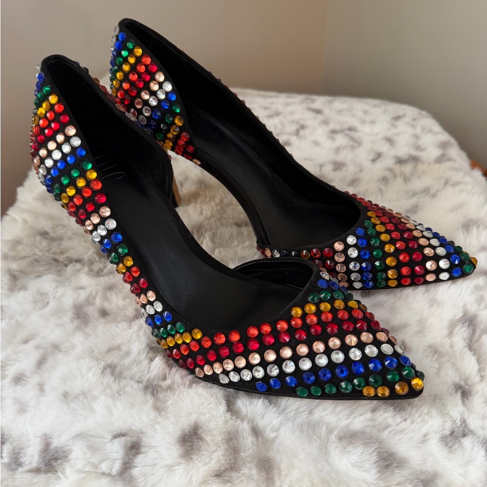 INC International Concepts Black Pointed Heels with Rainbow Rhinestones